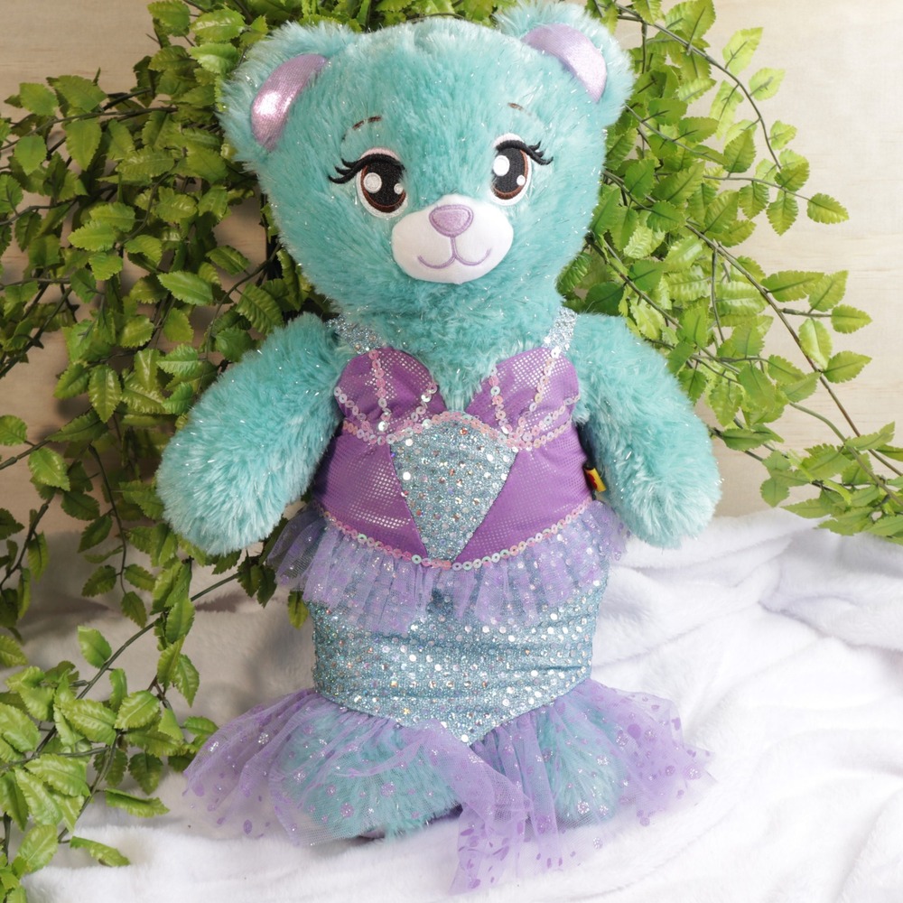 Build-A-Bear Workshop Aqua Teal Tinsel Mermaid Teddy Bear Purple Sequin Outfit